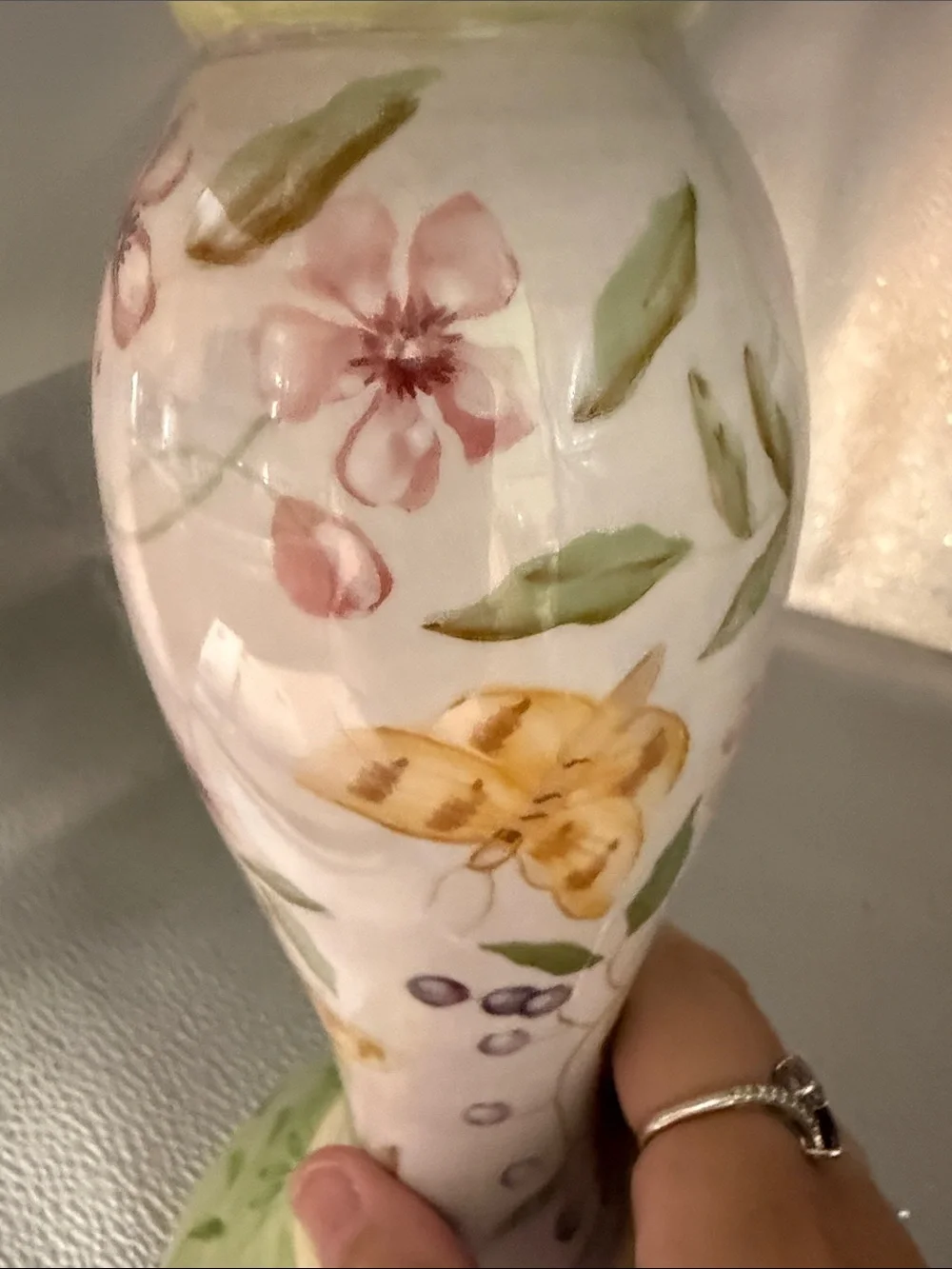 Floral and ButterflyCeramic Candle Hand Painted Pillar by Capiware